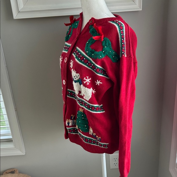 Vintage Red Holiday Christmas Tree Polar Bear Knit Cardigan Sweater Medium - Picture 3 of 11